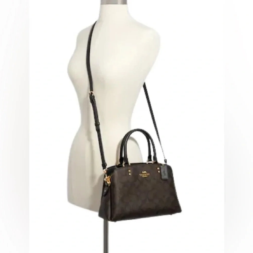 Coach Mini Lillie Carryall in signature coated canvas and smooth black leather. - Picture 11 of 12